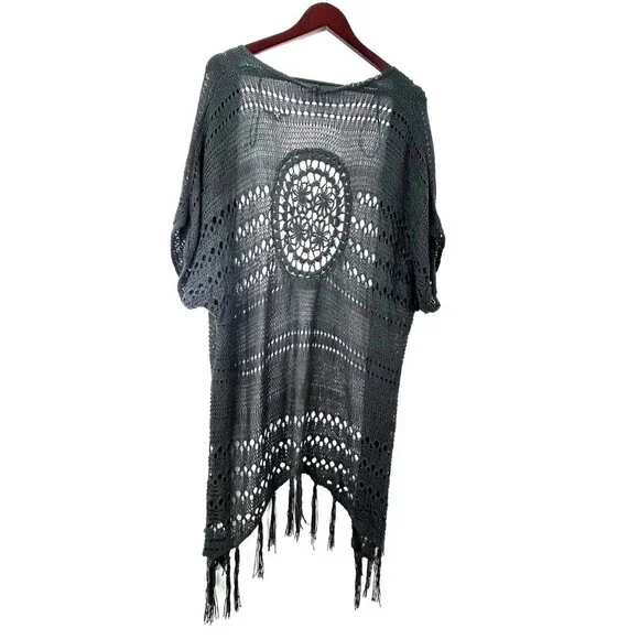 Womens Sleeveless Long Crochet Shawl Open Cardigan Cover Up Fringe Gray Sz S - Picture 5 of 12